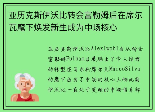 亚历克斯伊沃比转会富勒姆后在席尔瓦麾下焕发新生成为中场核心 亚历克斯伊沃比转会富勒姆后在席尔瓦麾下焕发新生成为中场核心