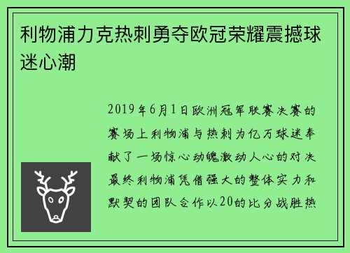 利物浦力克热刺勇夺欧冠荣耀震撼球迷心潮
