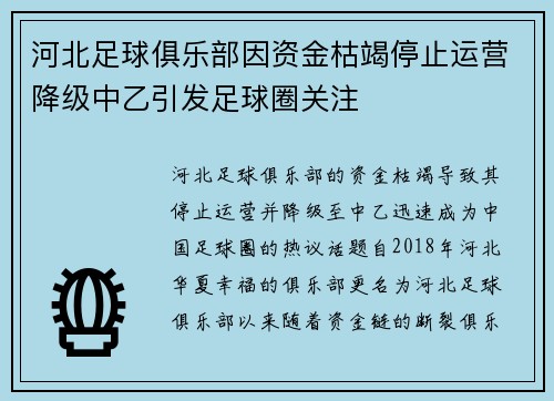 河北足球俱乐部因资金枯竭停止运营降级中乙引发足球圈关注